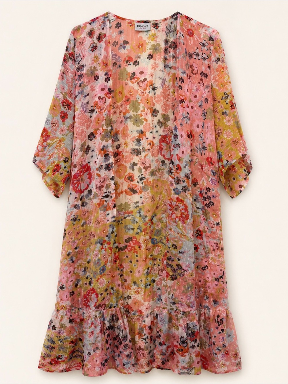 Bindya Pink Multi Floral Midi Kimono Jacket